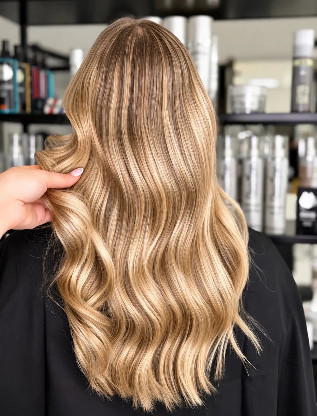 Warme Balayage in Honig- und Karamelltönen mit langen Wellen